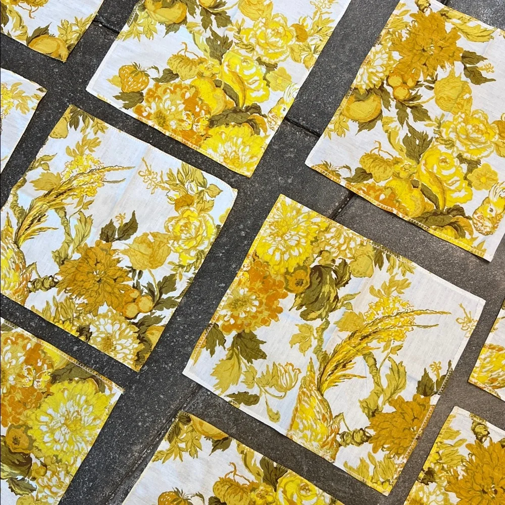 Vintage set of 10 asst size’s floral gold / yellow napkins handmade zig zag hems